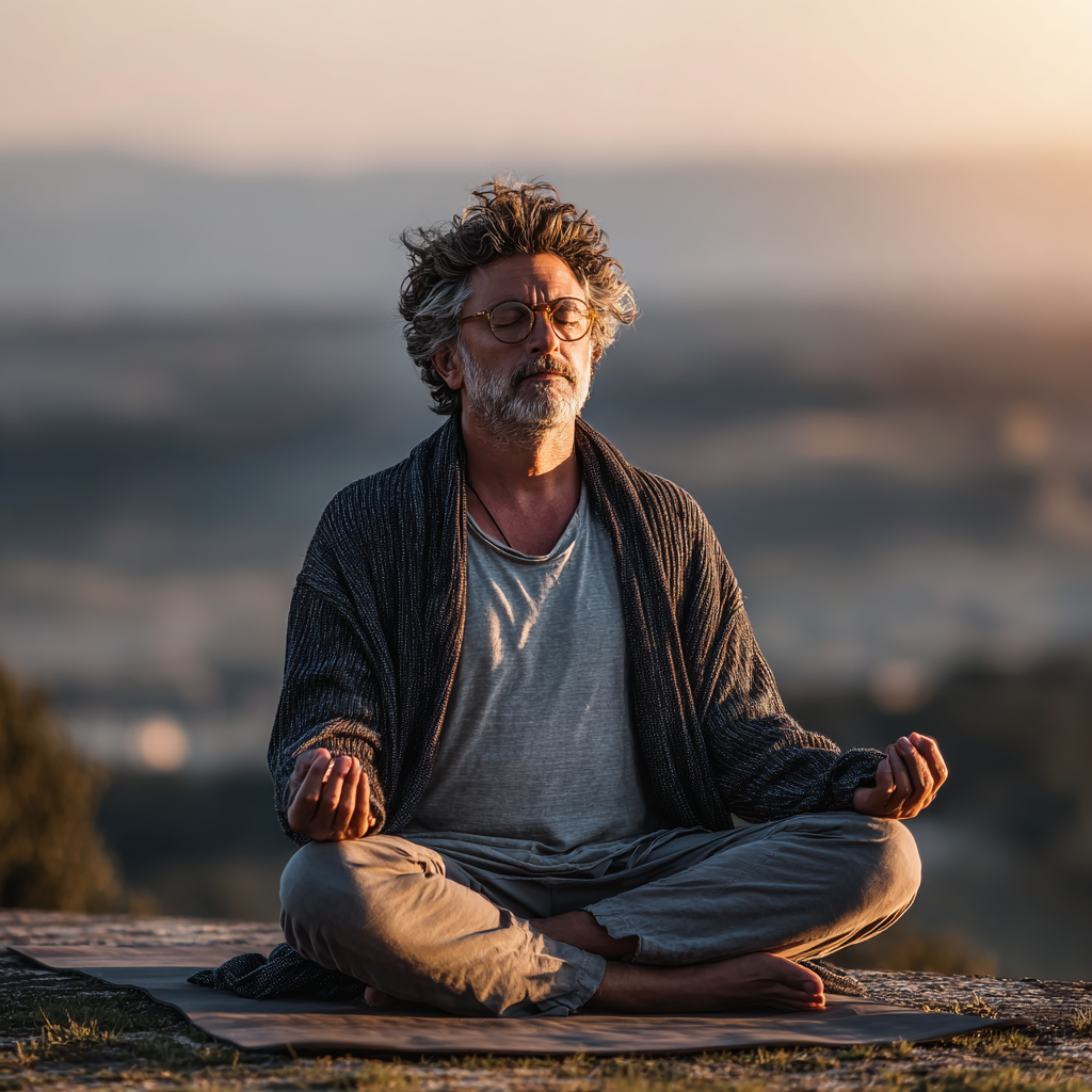Mature man in his early fifties practicing meditation in lotus position on a yoga mat, wearing comfortable grey clothing in a peaceful natural setting with soft morning light